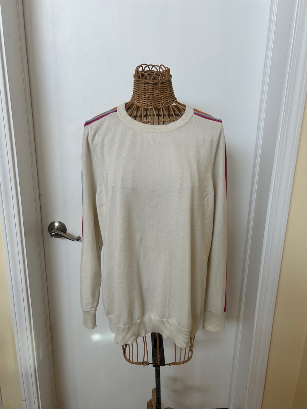 Belle by Kim Gravel Cream Crewneck Sweater with Pink Shoulder Stripe